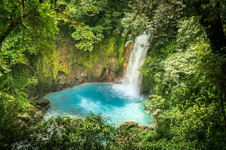 A view from the steps of the Río Celeste waterfall, inside of the Volcan Tenorio National Park.